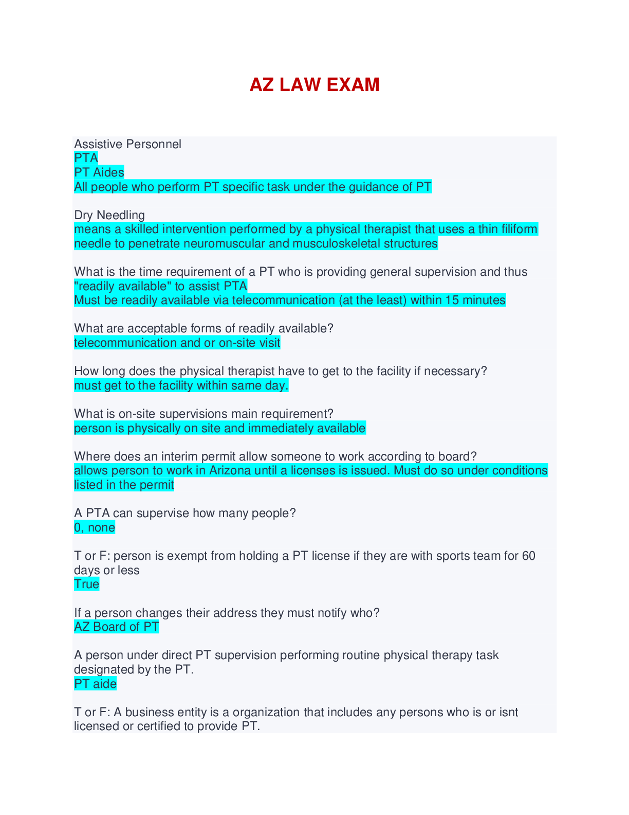 AZ LAW EXAM QUESTIONS AND ANSWERS Browsegrades